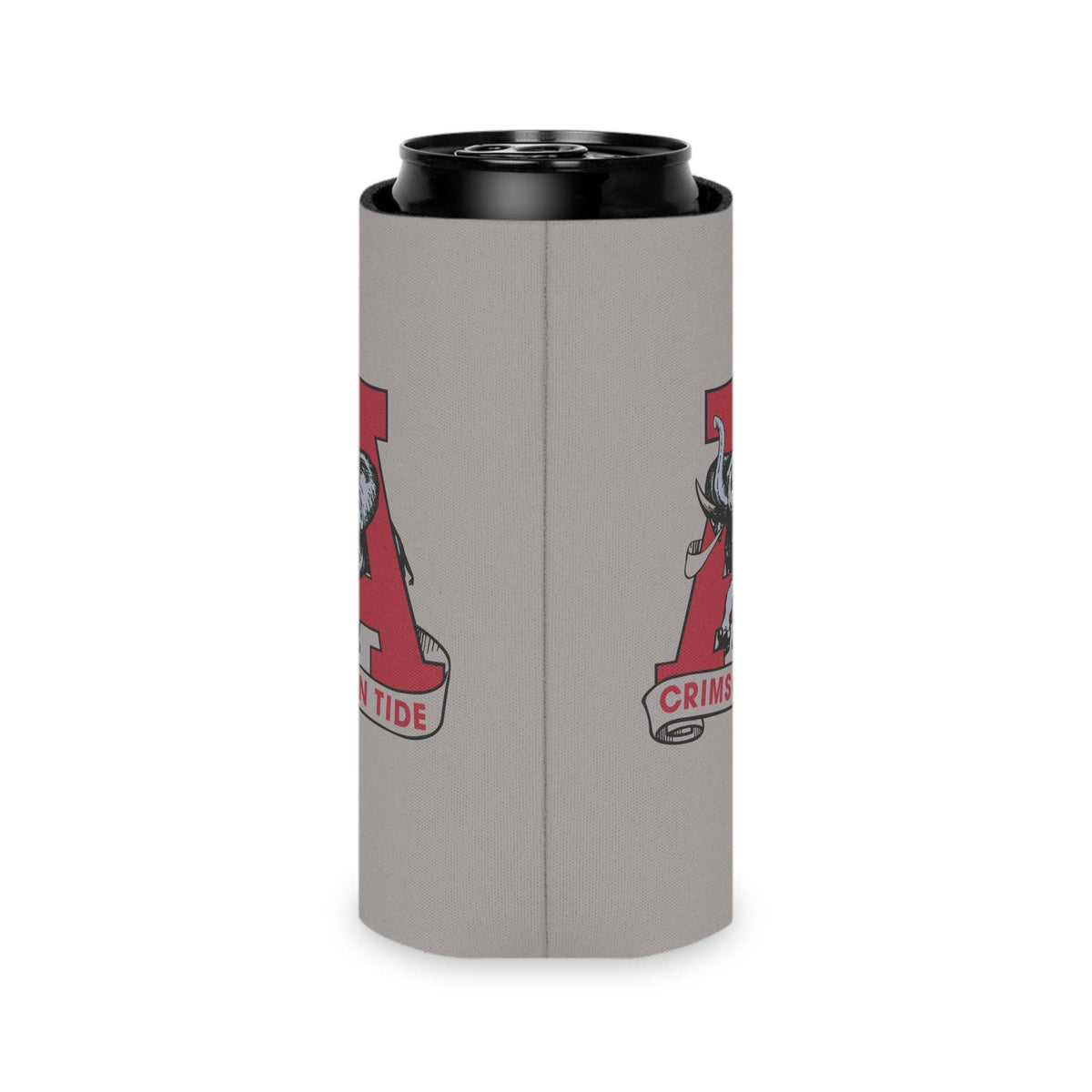 Crimson Tide A Elephant Can Cooler in muted gray neoprene with a vintage elephant and bold crimson A logo design