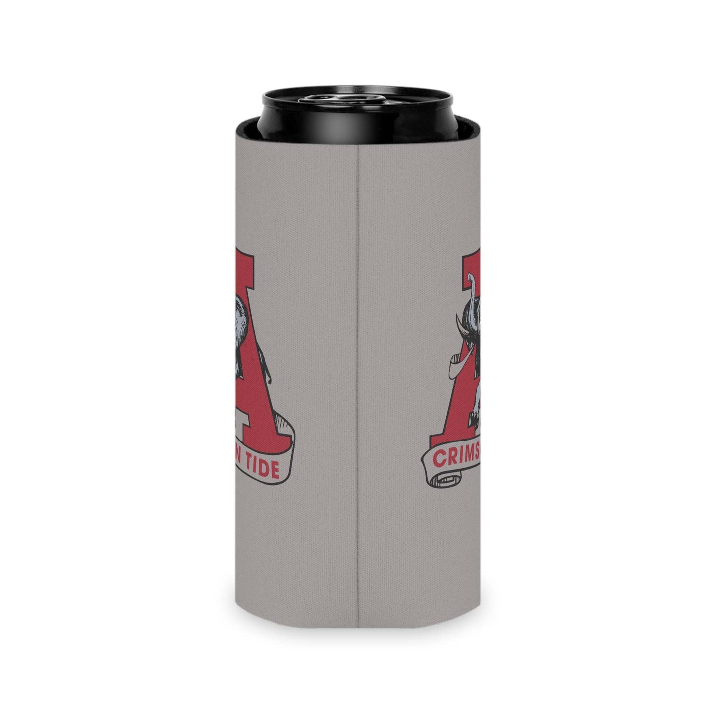 Crimson Tide A Elephant Can Cooler in muted gray neoprene with a vintage elephant and bold crimson A logo design