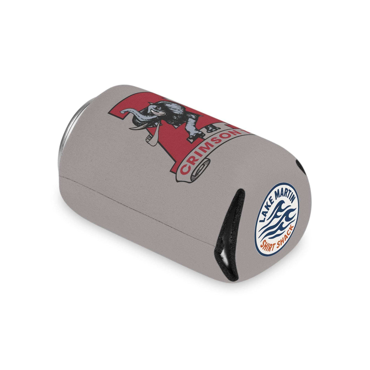 Crimson Tide A Elephant Can Cooler in gray neoprene with red letter A and vintage elephant graphic on side