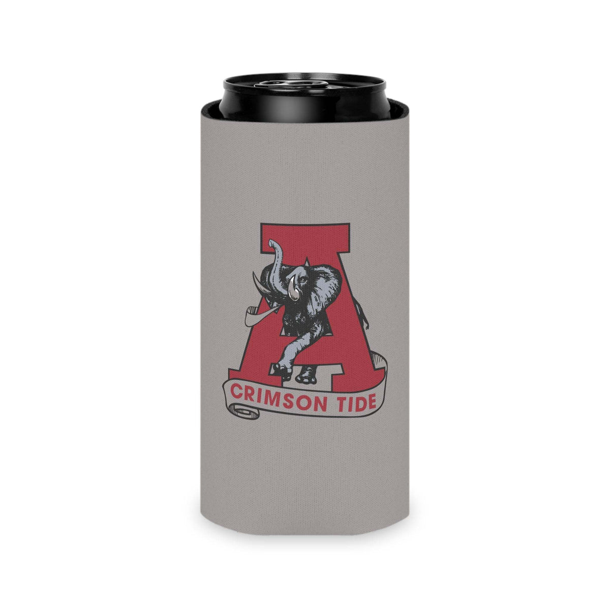 Crimson Tide A Elephant Can Cooler with a gray neoprene body, red letter 'A', and vintage elephant graphic on front