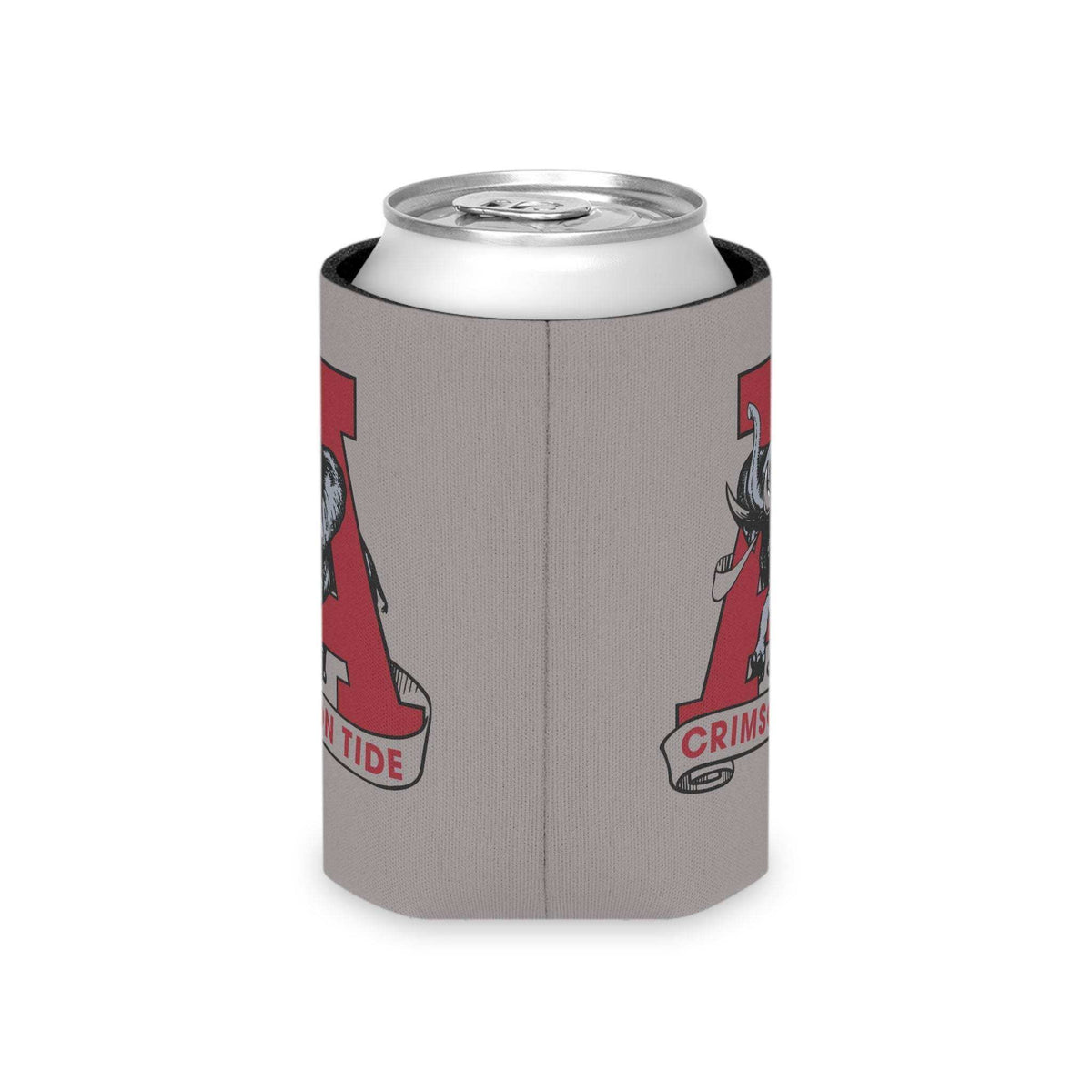 Crimson Tide A Elephant Can Cooler in gray neoprene with red letter A and vintage elephant design, insulating a silver can