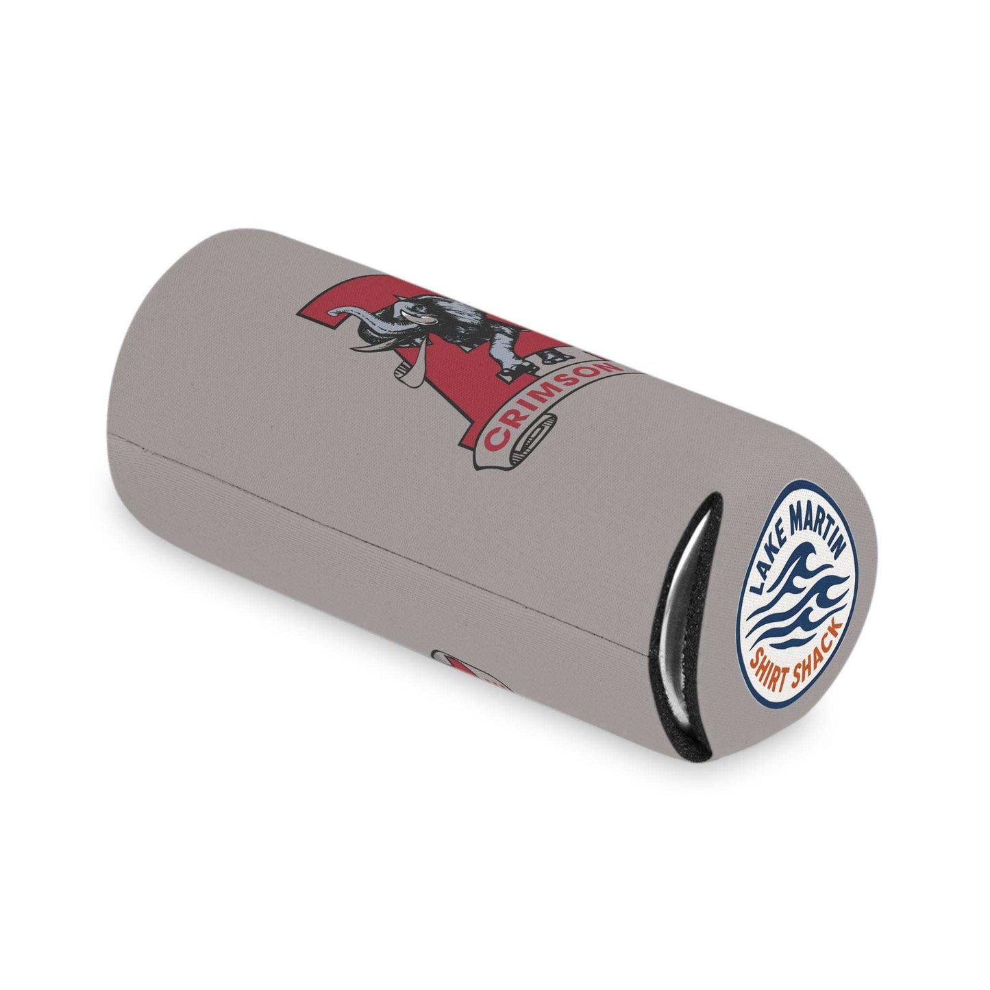 Crimson Tide A Elephant Can Cooler in gray neoprene with vintage elephant print and crimson A, designed to insulate beverages