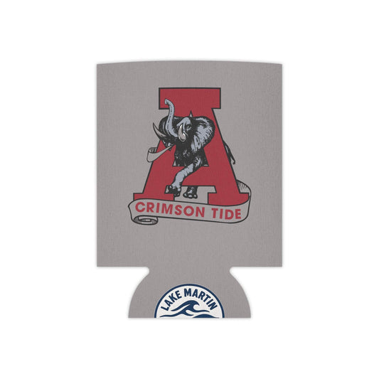 Crimson Tide A Elephant Can Cooler in gray neoprene with a vintage elephant and large crimson A logo, polyester material