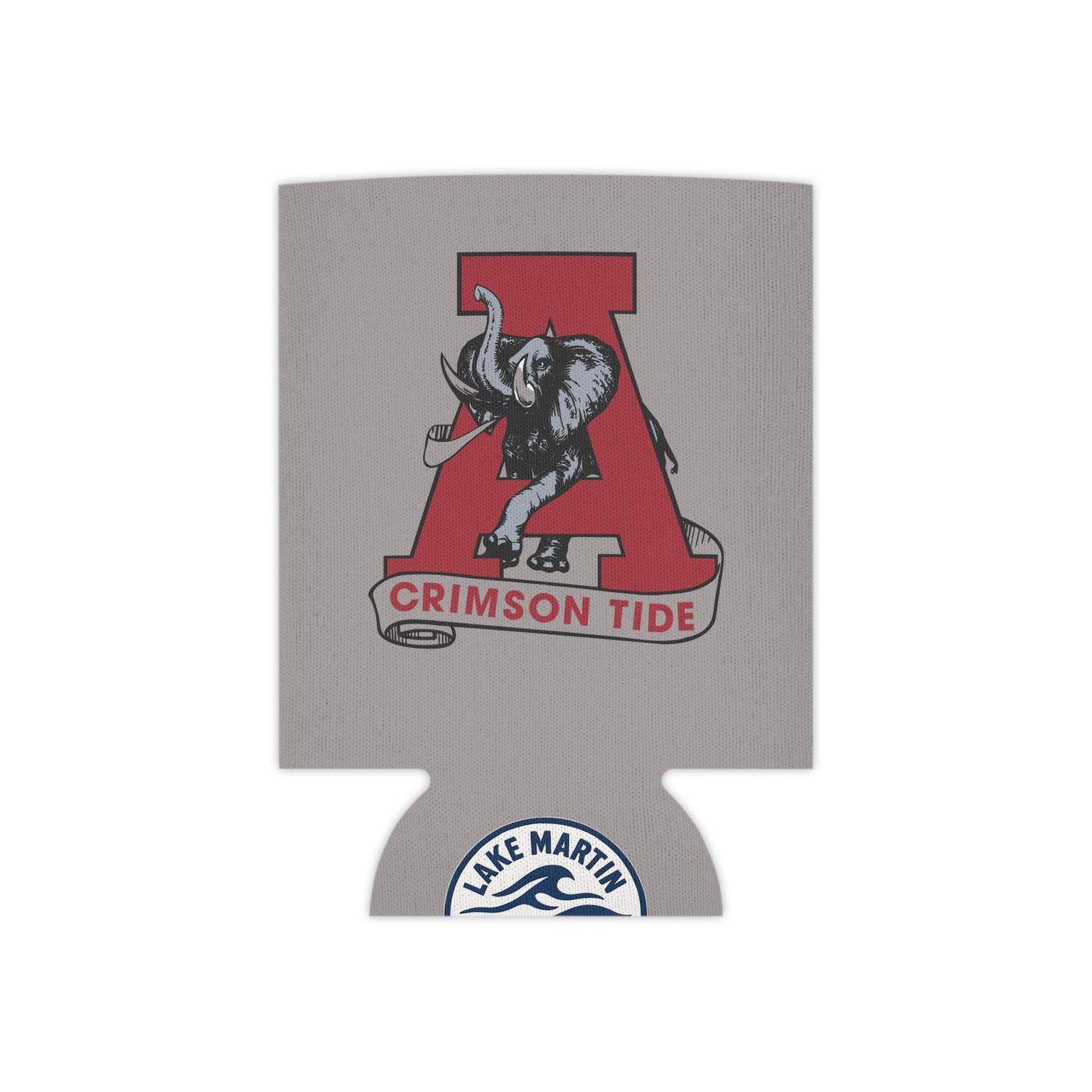 Crimson Tide A Elephant Can Cooler in gray neoprene with a vintage elephant and large crimson A logo, polyester material