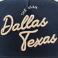 Dallas Script Hat in navy fabric with raised beige Dallas Texas script embroidery and a star detail