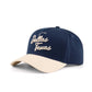 Dallas Script Hat in navy and beige cotton, featuring embroidered Dallas Texas script and a pre-curved brim