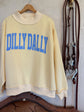 Dillydally Mock Neck Sweatshirt in soft butter yellow cotton blend with baby blue "DILLYDALLY" graphic and cozy fit.