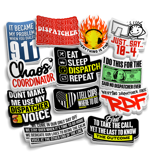 Dispatcher Collection sticker pack featuring colourful vinyl decals with dispatcher slogans, symbols, and humorous emergency communication designs