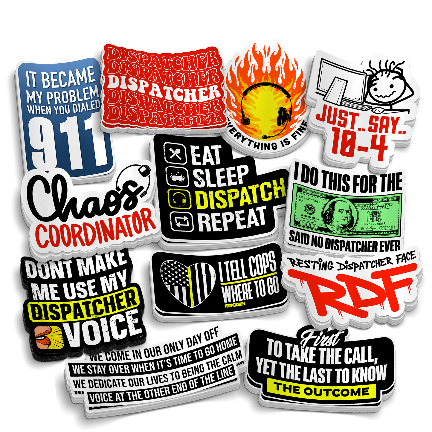 Dispatcher Collection sticker pack featuring colourful vinyl decals with dispatcher slogans, symbols, and humorous emergency communication designs