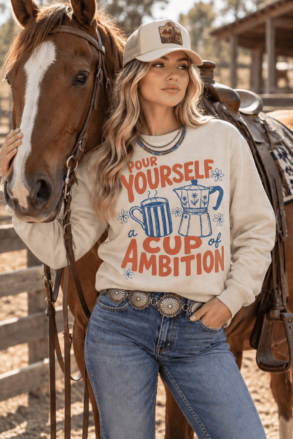 Dolly Parton graphic sweatshirt with Pour Yourself A Cup of Ambition design