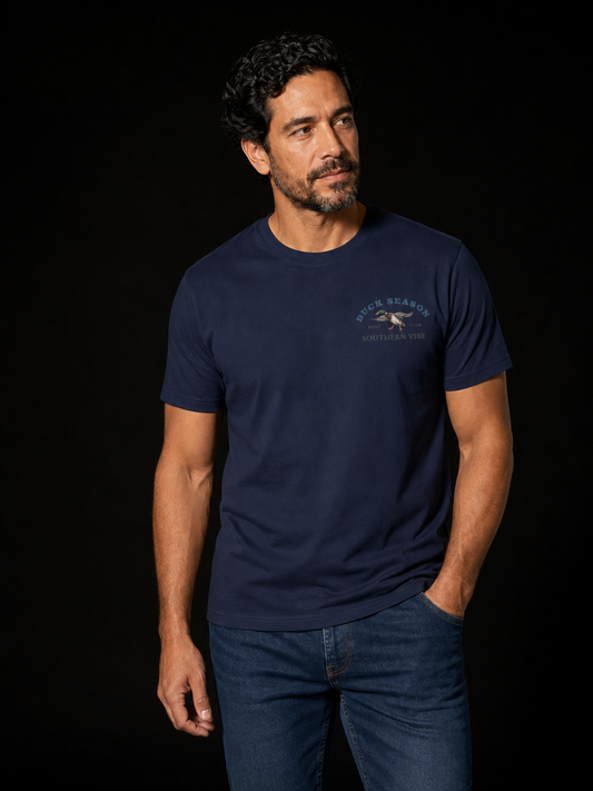 Duck Season T-Shirt in navy cotton with a small flying duck and Southern Vibe chest graphic