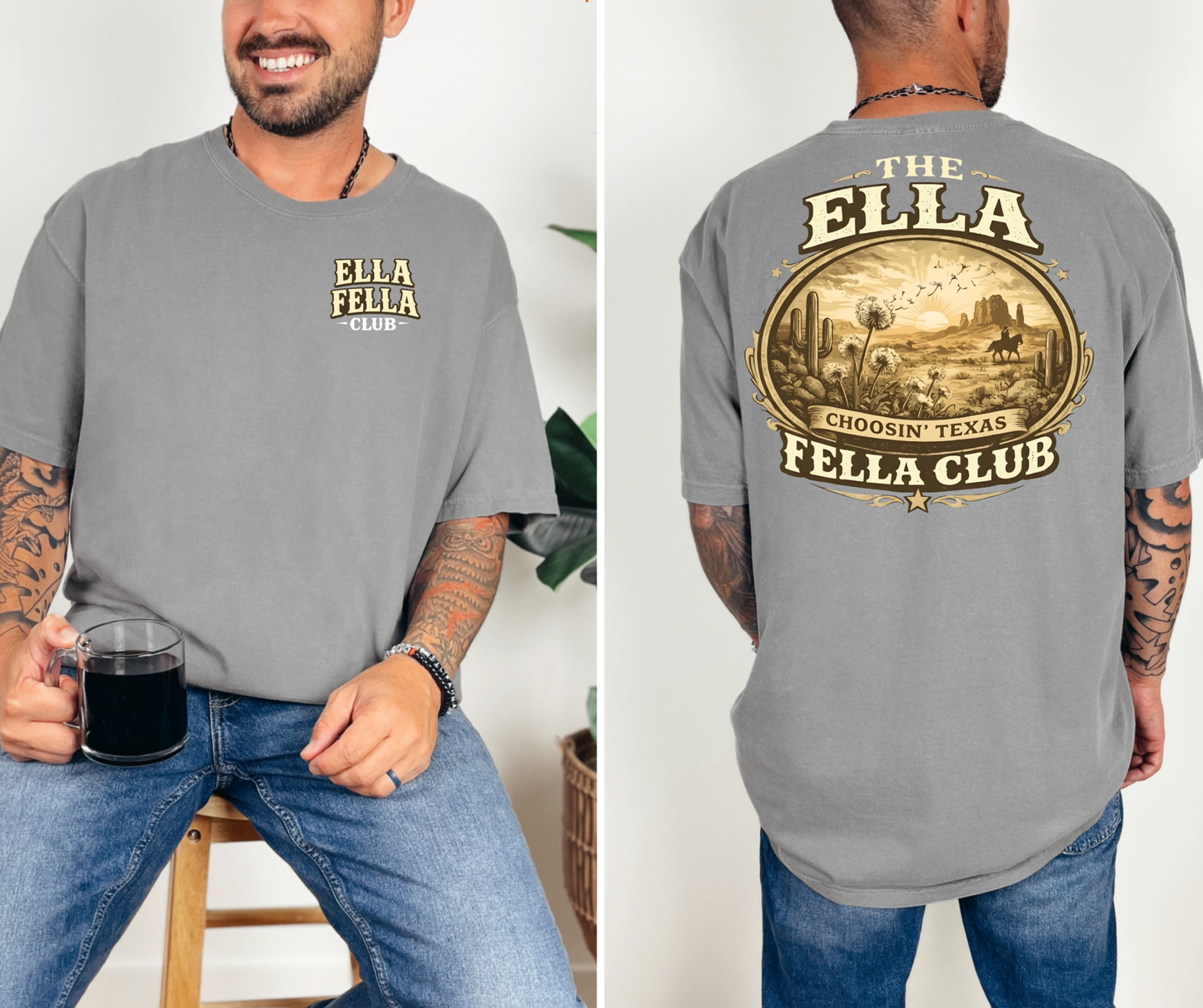 Ella Fella Club gray cotton T-shirt with small chest emblem and large Western cowboy desert graphic on back