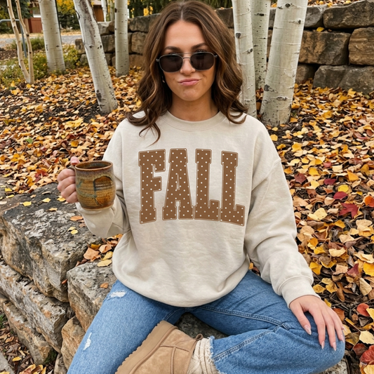 Fall Polka Dot Crewneck Sweatshirt in beige with oversized brown polka dot “FALL” lettering, soft fleece fabric and relaxed fit.