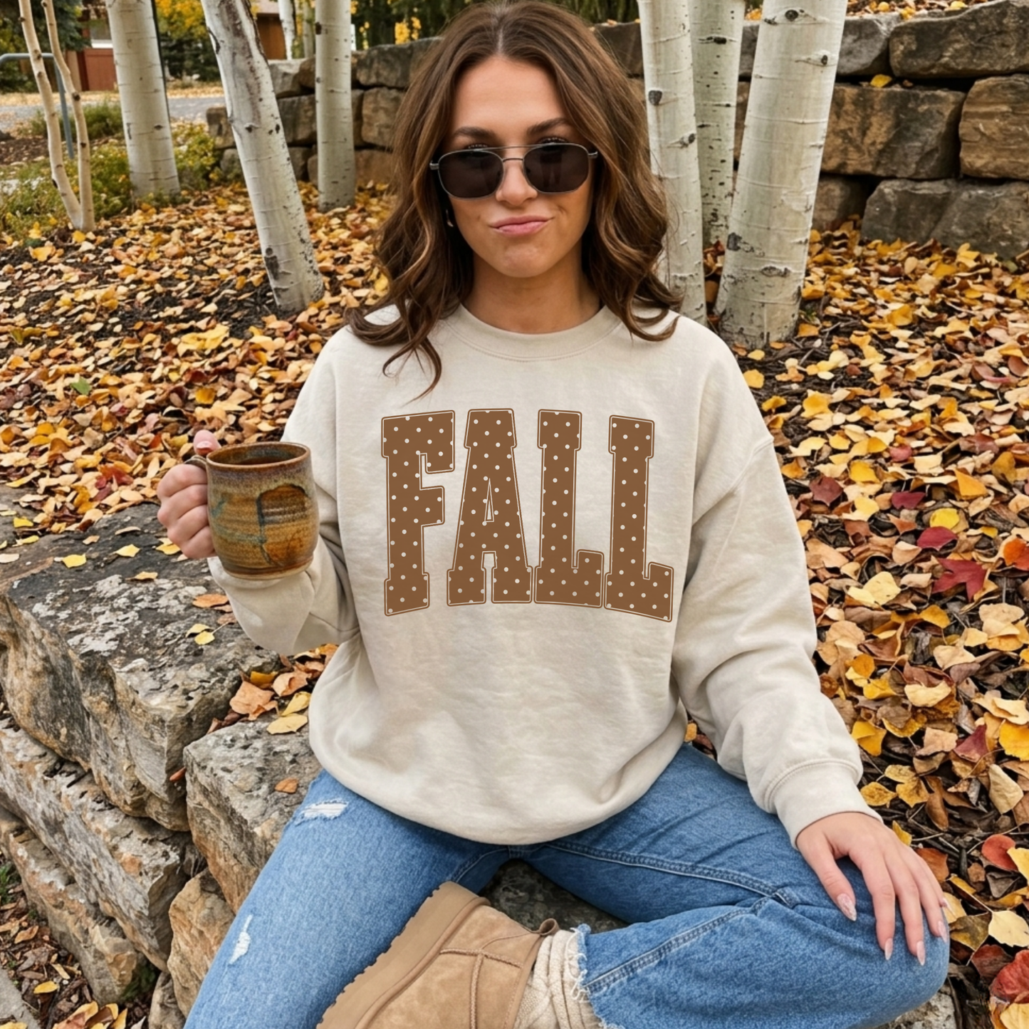 Fall Polka Dot Crewneck Sweatshirt in beige with oversized brown polka dot “FALL” lettering, soft fleece fabric and relaxed fit.