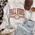 Fall Vibes Sweatshirt in ash gray cotton blend with distressed rust fall graphic and pumpkin emblem