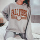 Fall Vibes Sweatshirt in heather gray with distressed rust lettering, pumpkin graphic, and striped accents