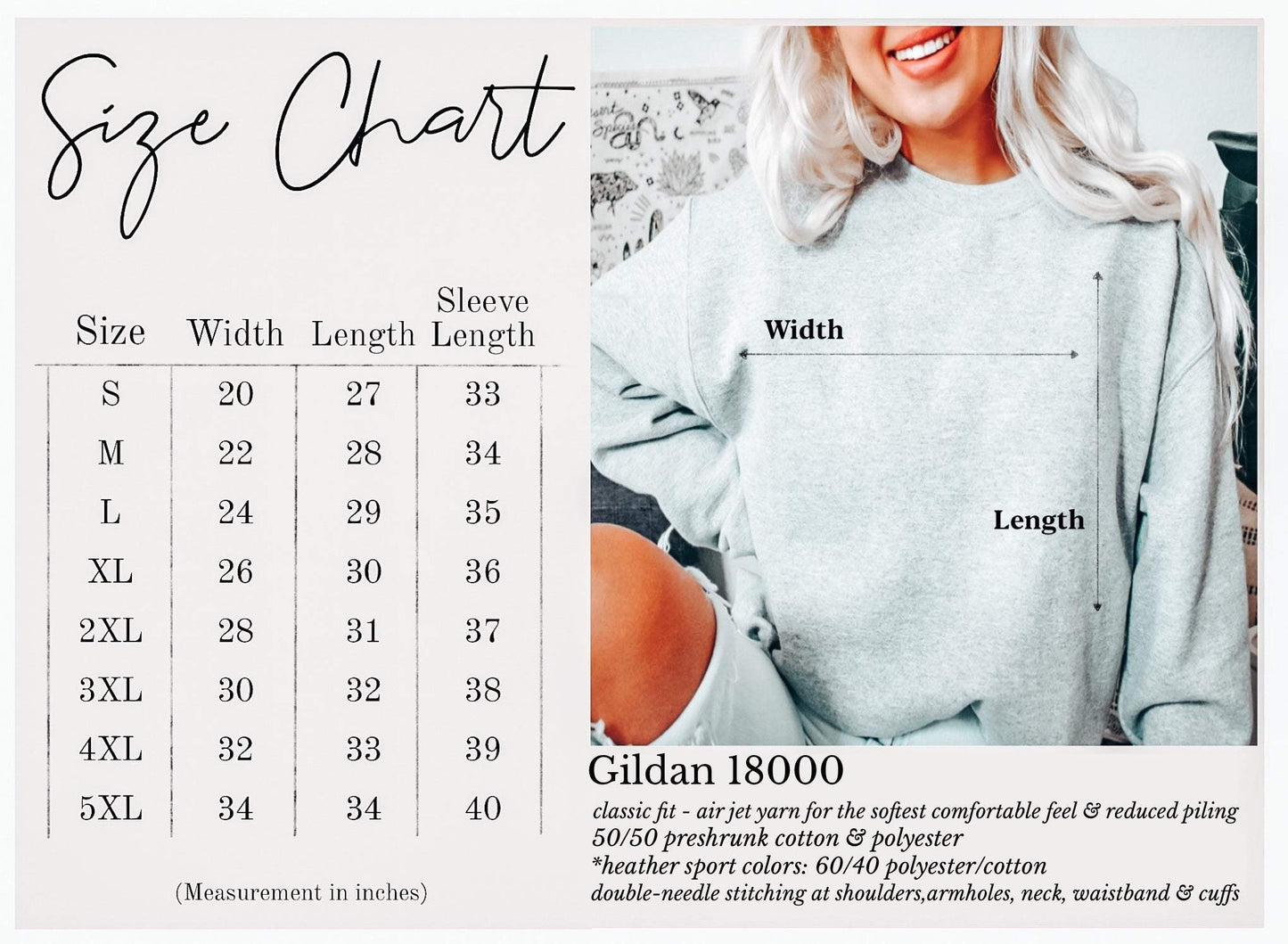Fall Vibes Sweatshirt size chart beside a light gray Gildan 18000 cotton-polyester crewneck sweatshirt