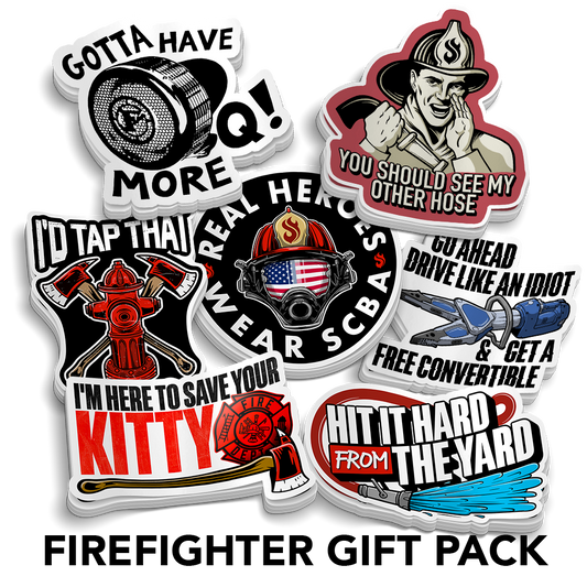 Firefighter themed vinyl sticker pack with 7 occupational designs for laptops and water bottles