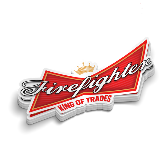 Firefighter Stickers featuring a red and white vinyl decal with “Firefighter” script and King of Trades design