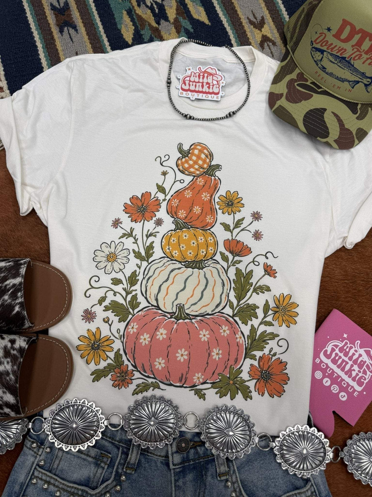 Floral Pumpkin Stack graphic tee unisex fit 100% cotton made in USA