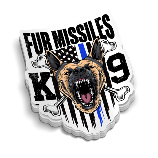 Fur Missiles Police K9 sticker featuring a snarling German Shepherd, bones, flag and bold black lettering