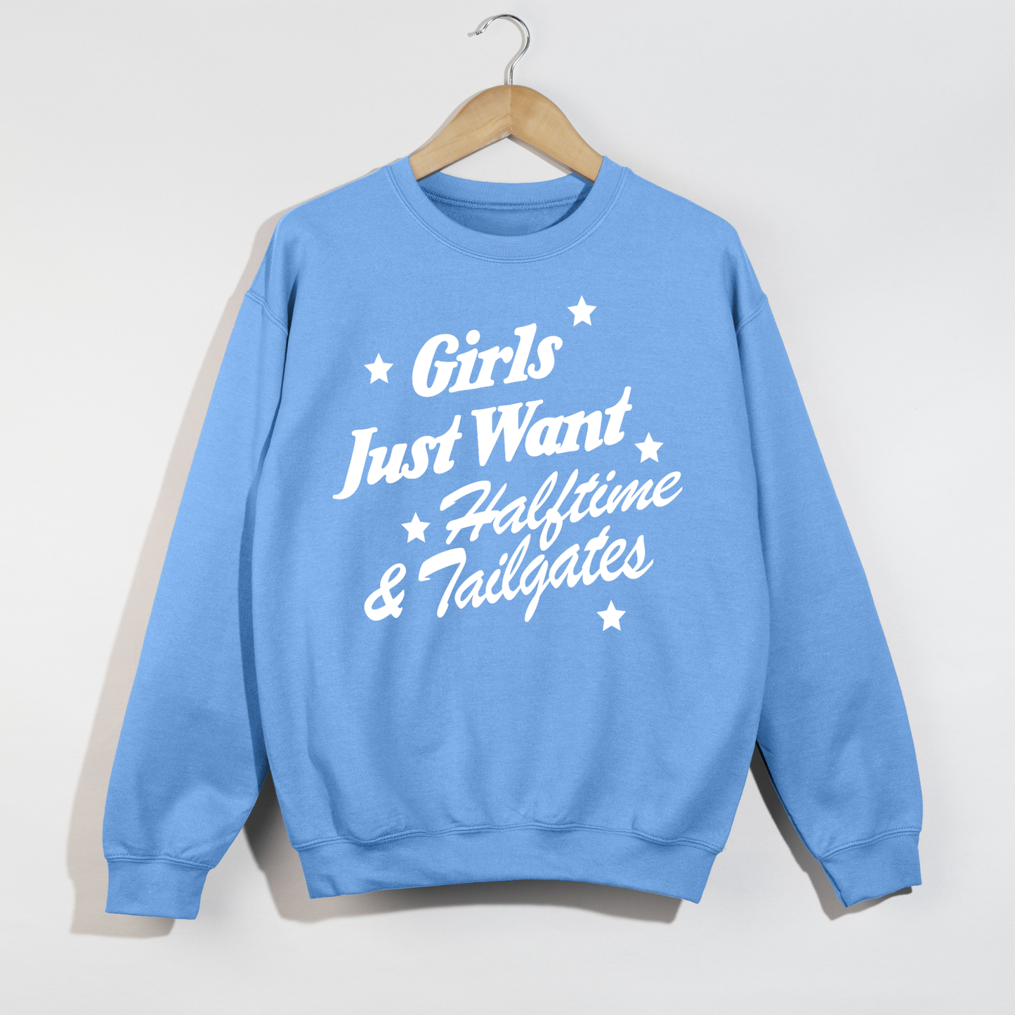 Girls Just Want blue cotton-blend crewneck sweatshirt with white script football graphic and star accents