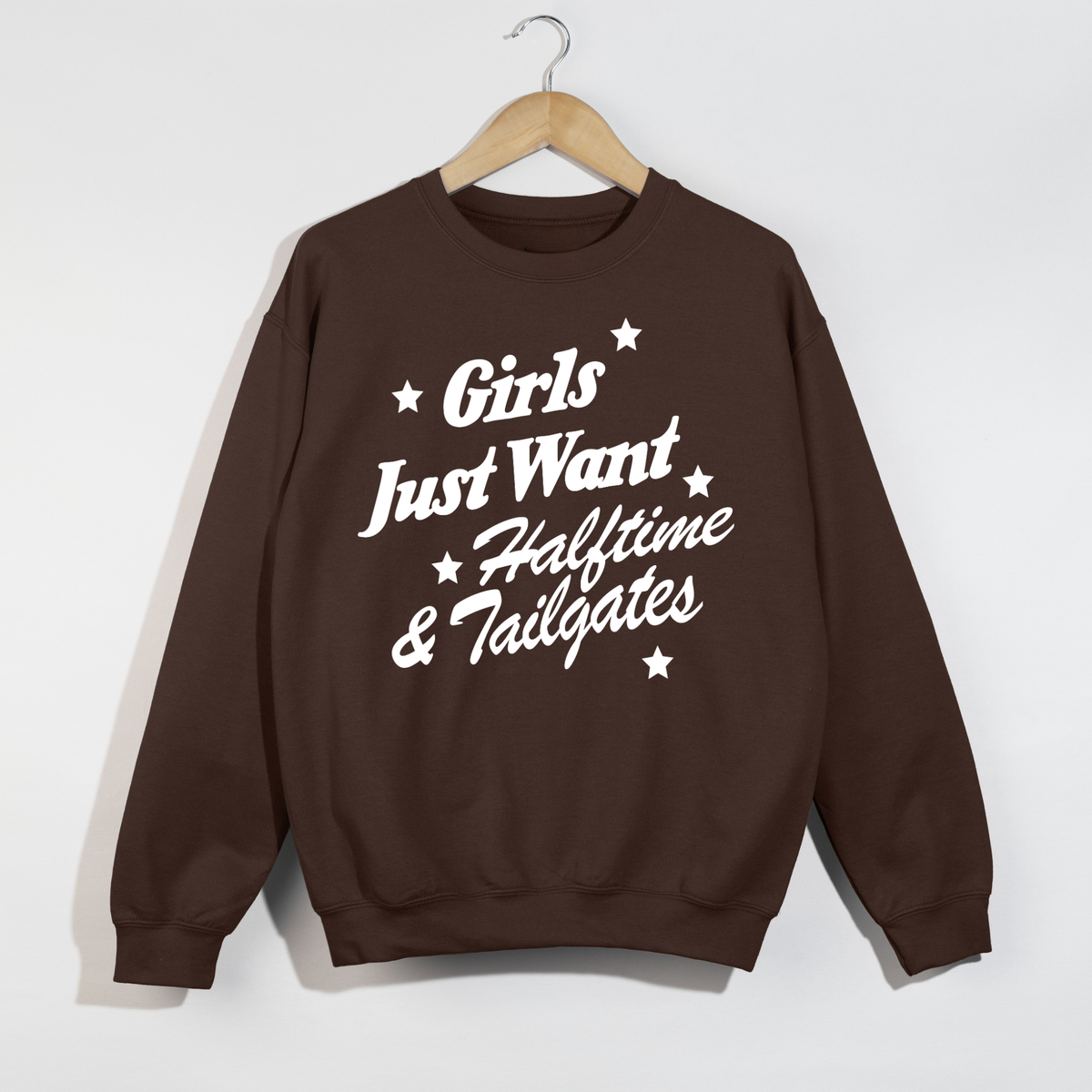Girls Just Want brown cotton crewneck sweatshirt with white vintage football lettering and star accents