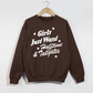 Girls Just Want brown cotton crewneck sweatshirt with white vintage football lettering and star accents