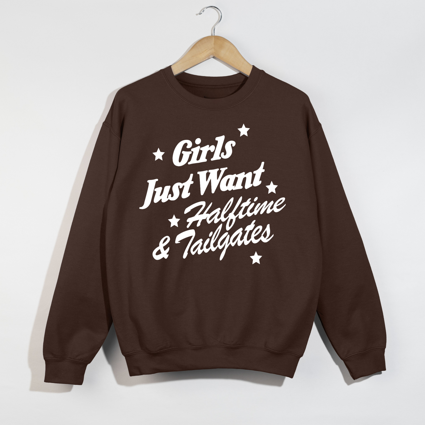 Girls Just Want brown cotton crewneck sweatshirt with white vintage football lettering and star accents