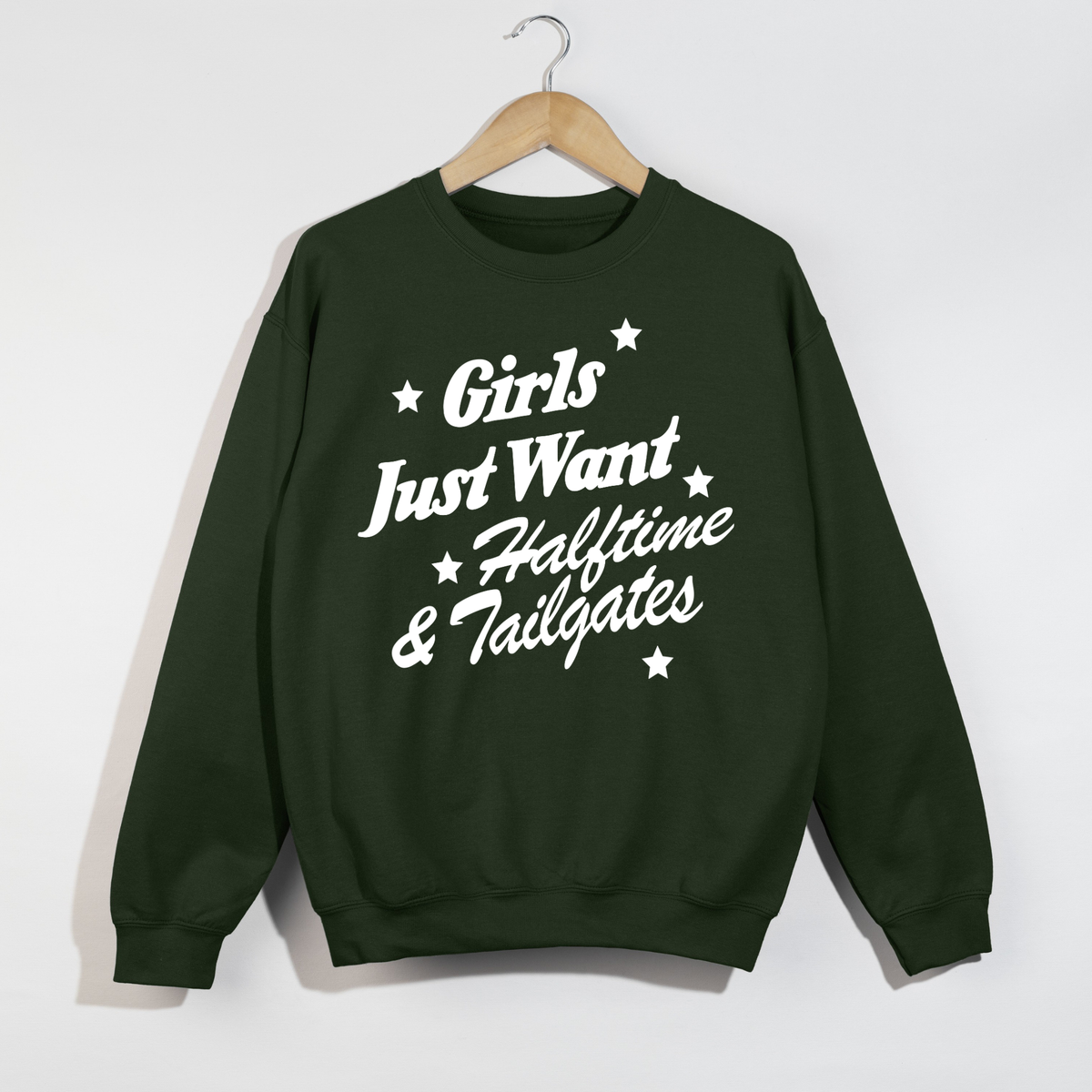 Crewneck sweatshirt in dark green cotton fleece with white Girls Just Want Halftime & Tailgates script and stars