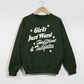 Crewneck sweatshirt in dark green cotton fleece with white Girls Just Want Halftime & Tailgates script and stars