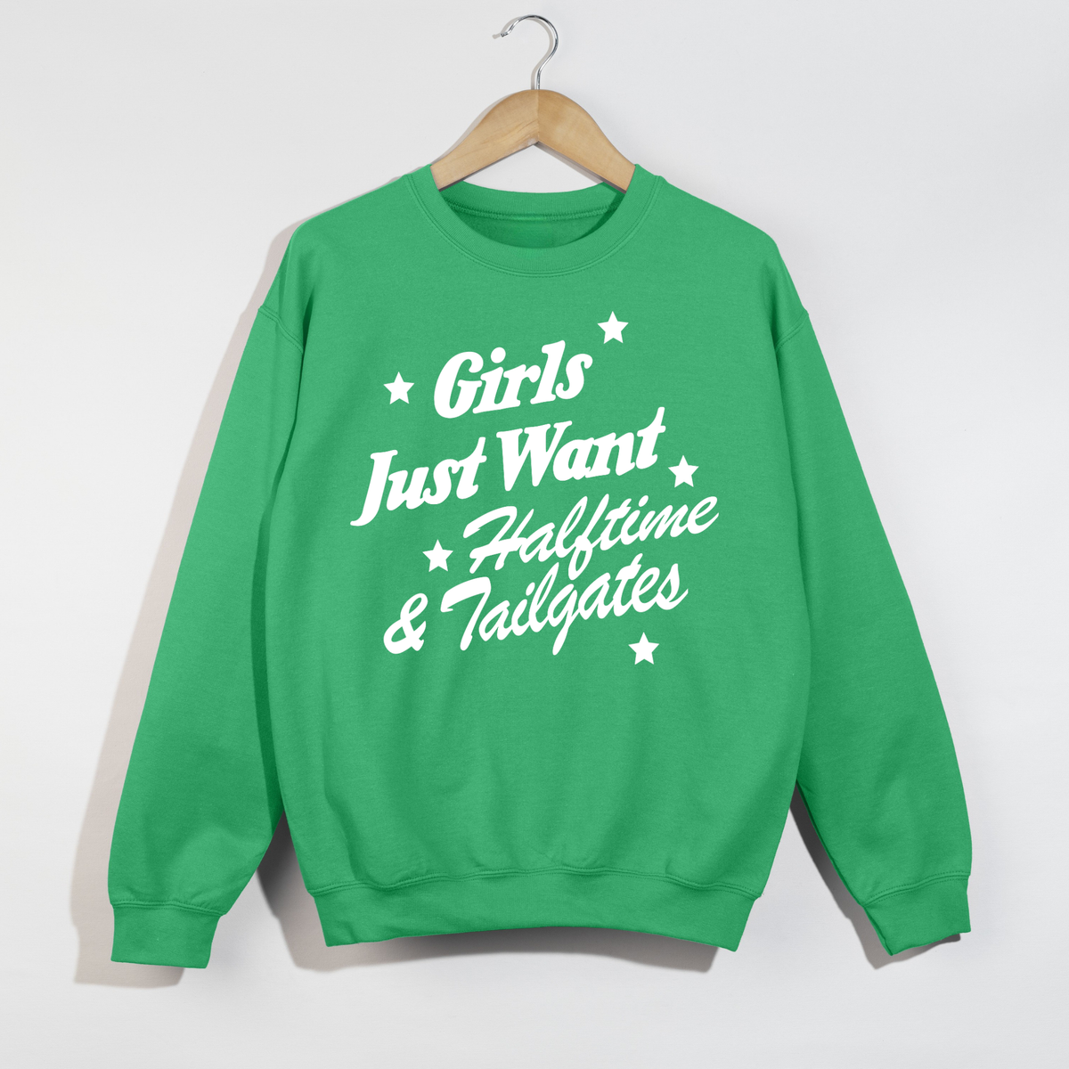 Crewneck sweatshirt in bright green cotton blend with white Girls Just Want Halftime & Tailgates graphic and stars