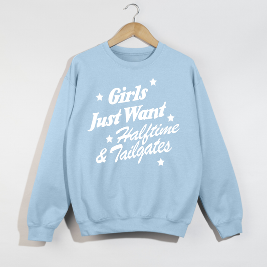 Crewneck sweatshirt in light blue cotton blend with white Girls Just Want halftime and tailgates graphic and stars