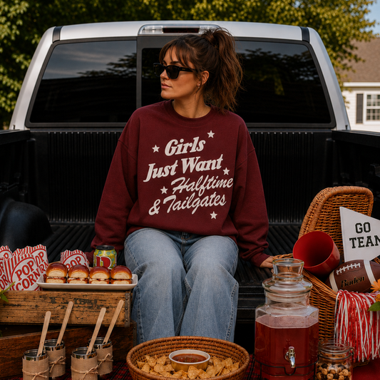 Girls Just Want maroon crewneck sweatshirt with white vintage football halftime and tailgates graphic