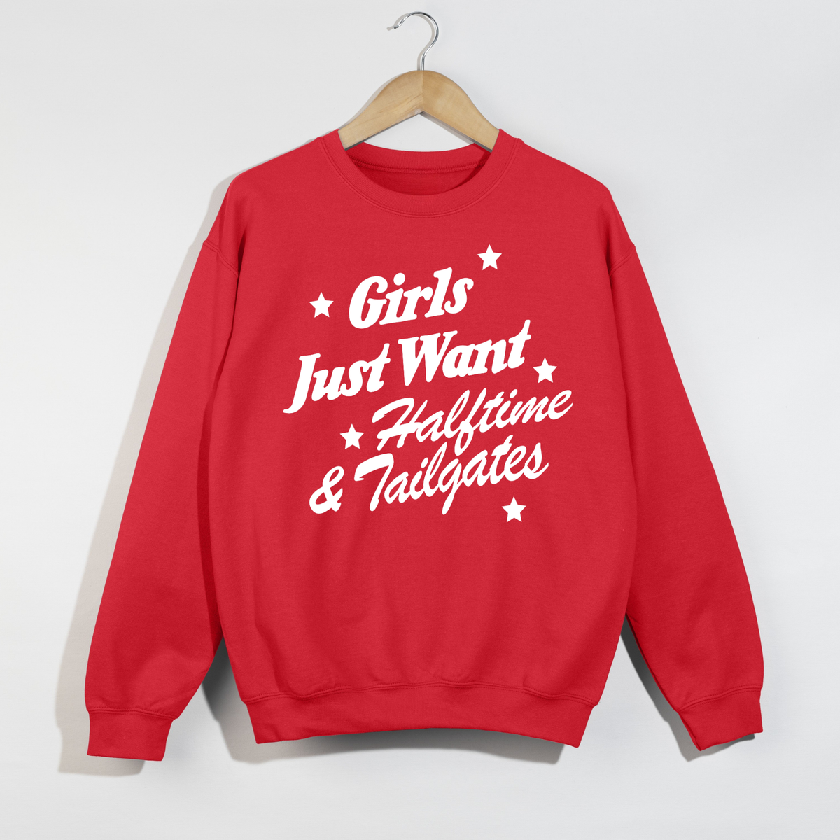 Crewneck sweatshirt in red cotton blend with white Girls Just Want Halftime & Tailgates graphic and stars