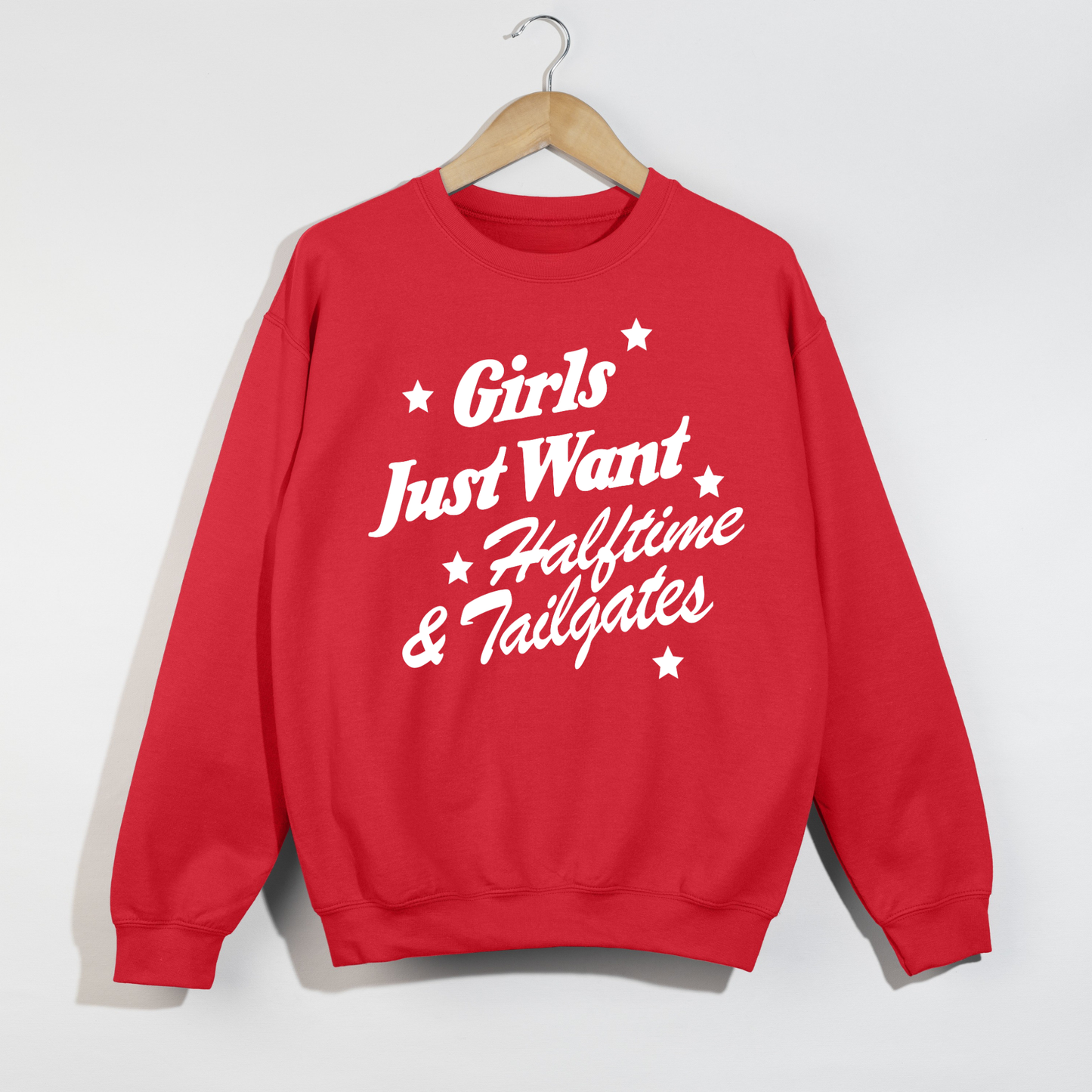 Crewneck sweatshirt in red cotton blend with white Girls Just Want Halftime & Tailgates graphic and stars