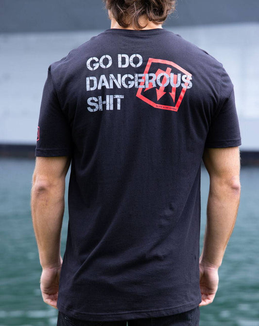 GDDS shirt in black cotton with distressed white GO DO DANGEROUS SHIT slogan and red geometric graphic