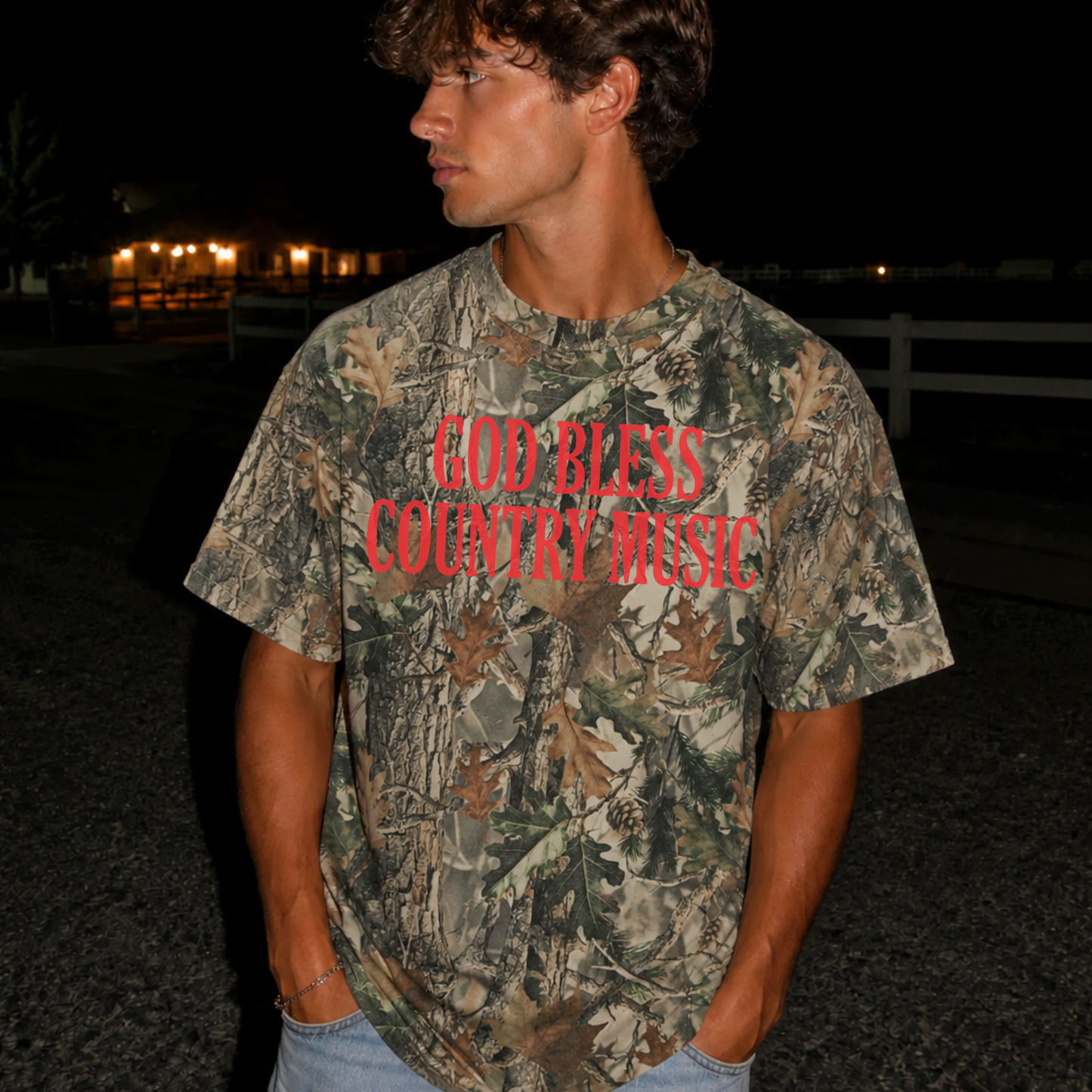Graphic t-shirt in wood camouflage with red God Bless Country Music lettering and oversized relaxed fit