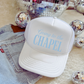 Going to the Chapel Foam Front Trucker Hat in white with light blue chapel lettering and a mesh back