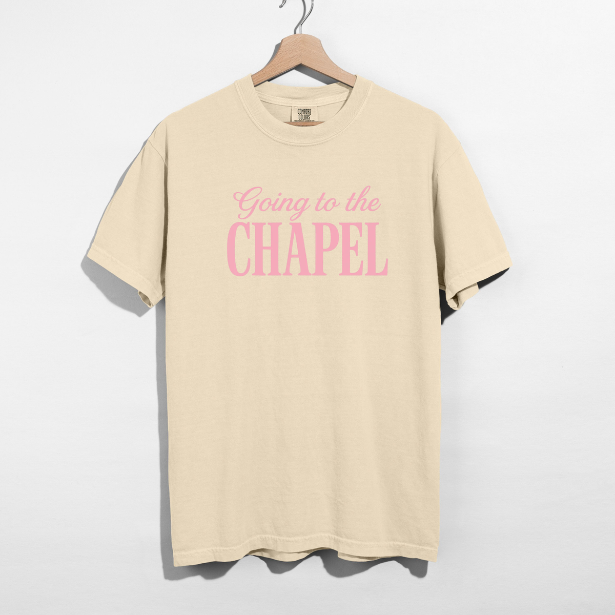 Going to the Chapel Graphic Tee in cream cotton with soft pink script and bold chapel lettering