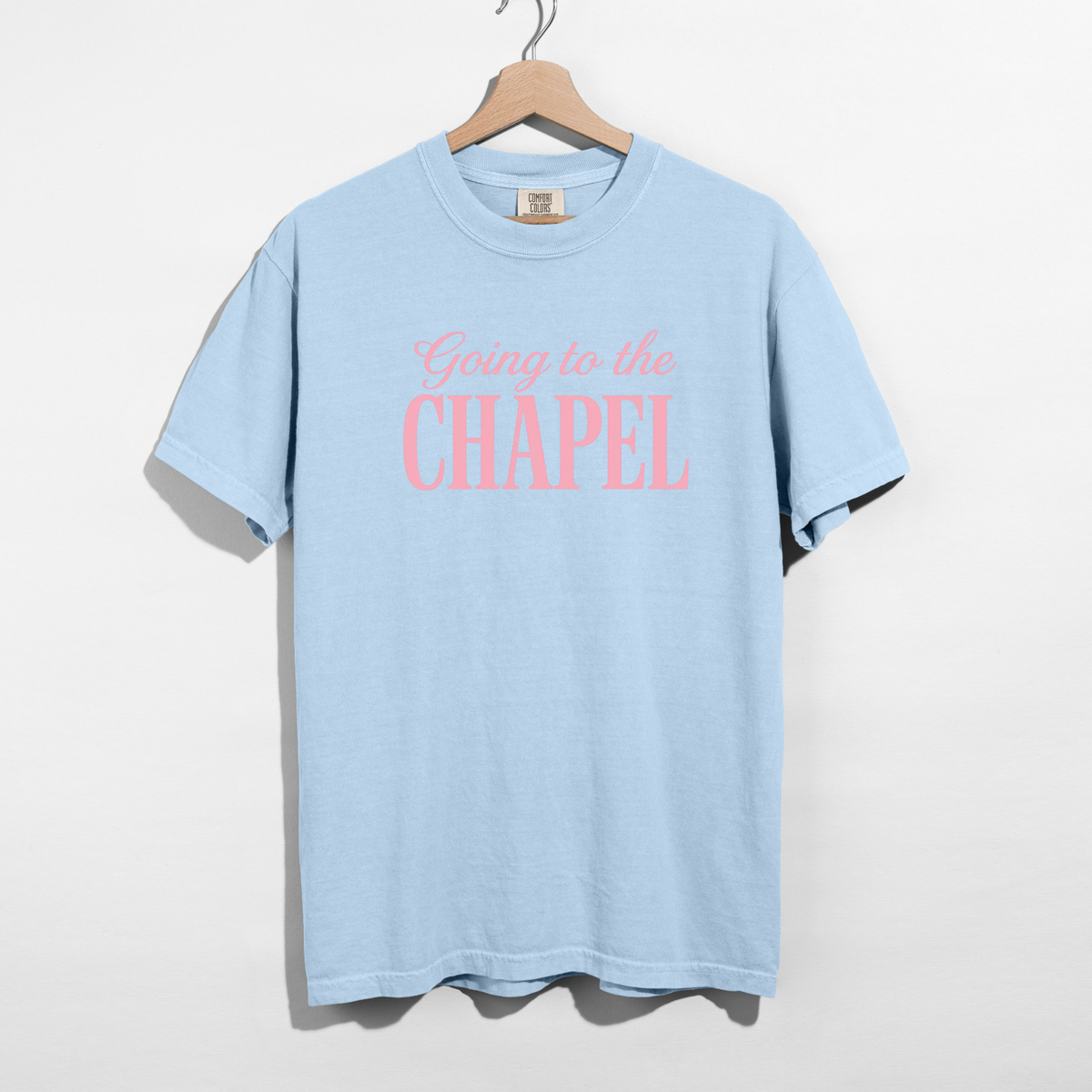 Going to the Chapel Graphic Tee in light blue cotton with pink script and block lettering