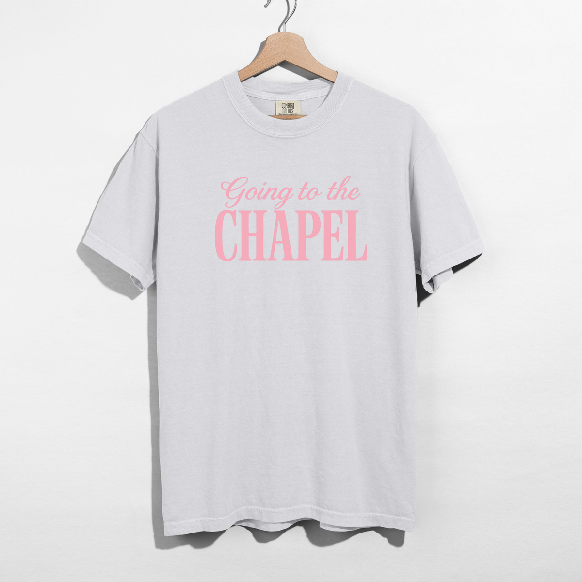 Going to the Chapel Graphic Tee in light gray cotton with soft pink script and bold chapel lettering