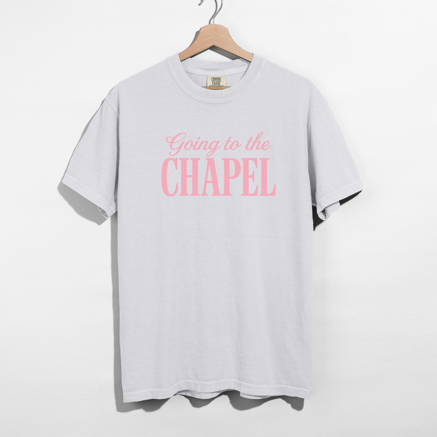 Going to the Chapel Graphic Tee in light gray cotton with soft pink script and bold chapel lettering