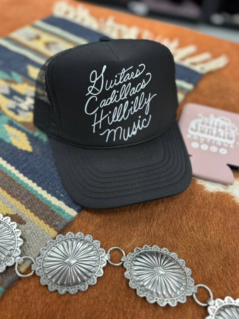 Black Guitars Cadillacs Trucker Hat with breathable mesh back and adjustable snap closure