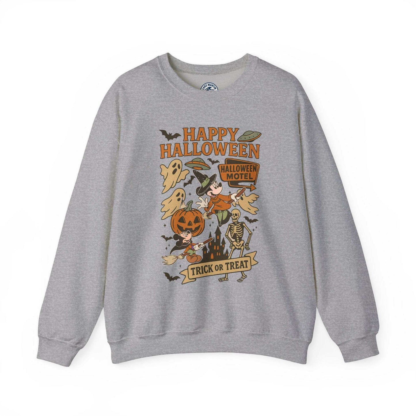 Happy Halloween vintage crewneck sweatshirt with pumpkins and skeleton