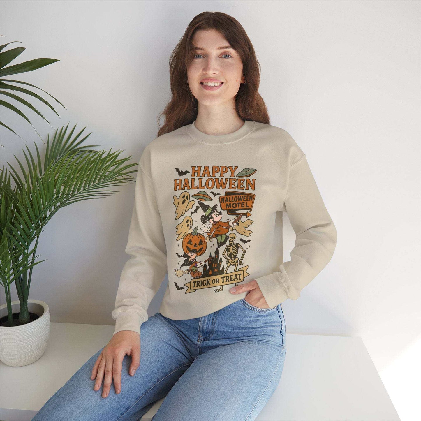 Halloween crewneck sweatshirt with vintage Happy Halloween trick or treat design