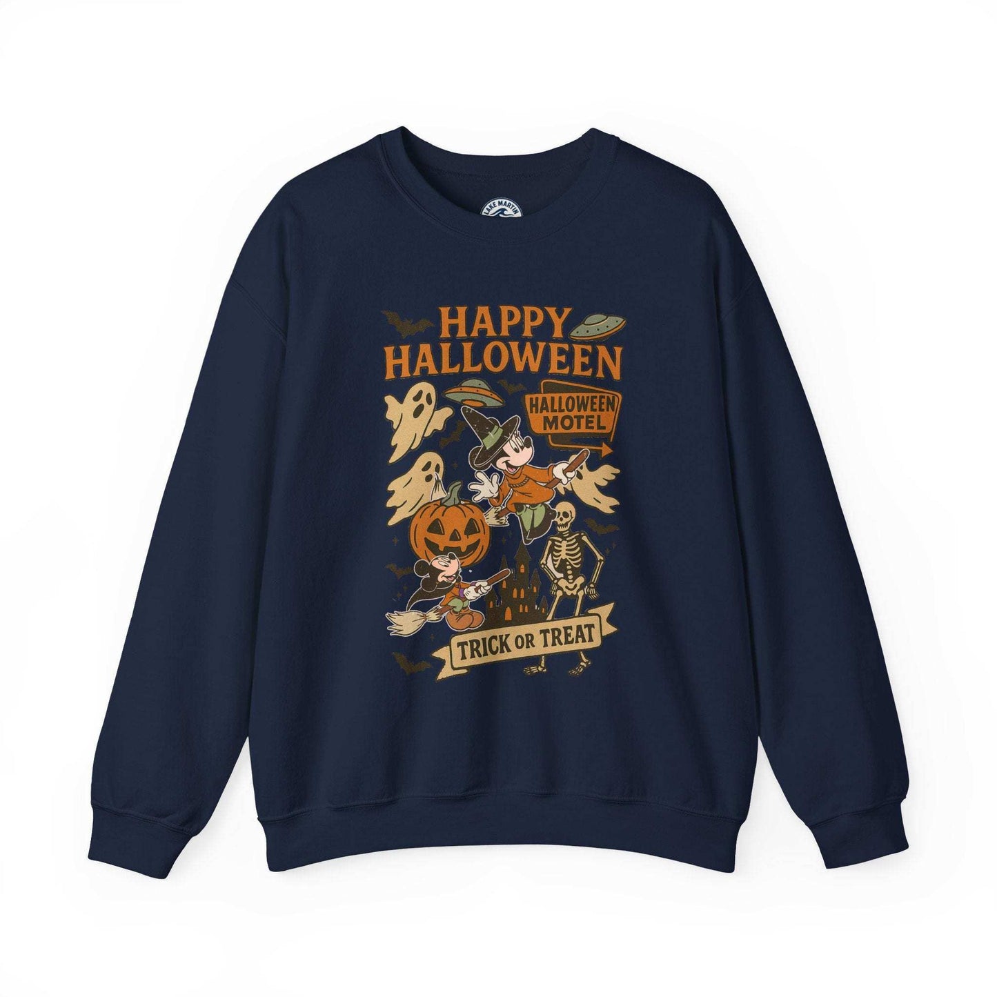 Vintage Halloween crewneck sweatshirt with pumpkins and skeleton