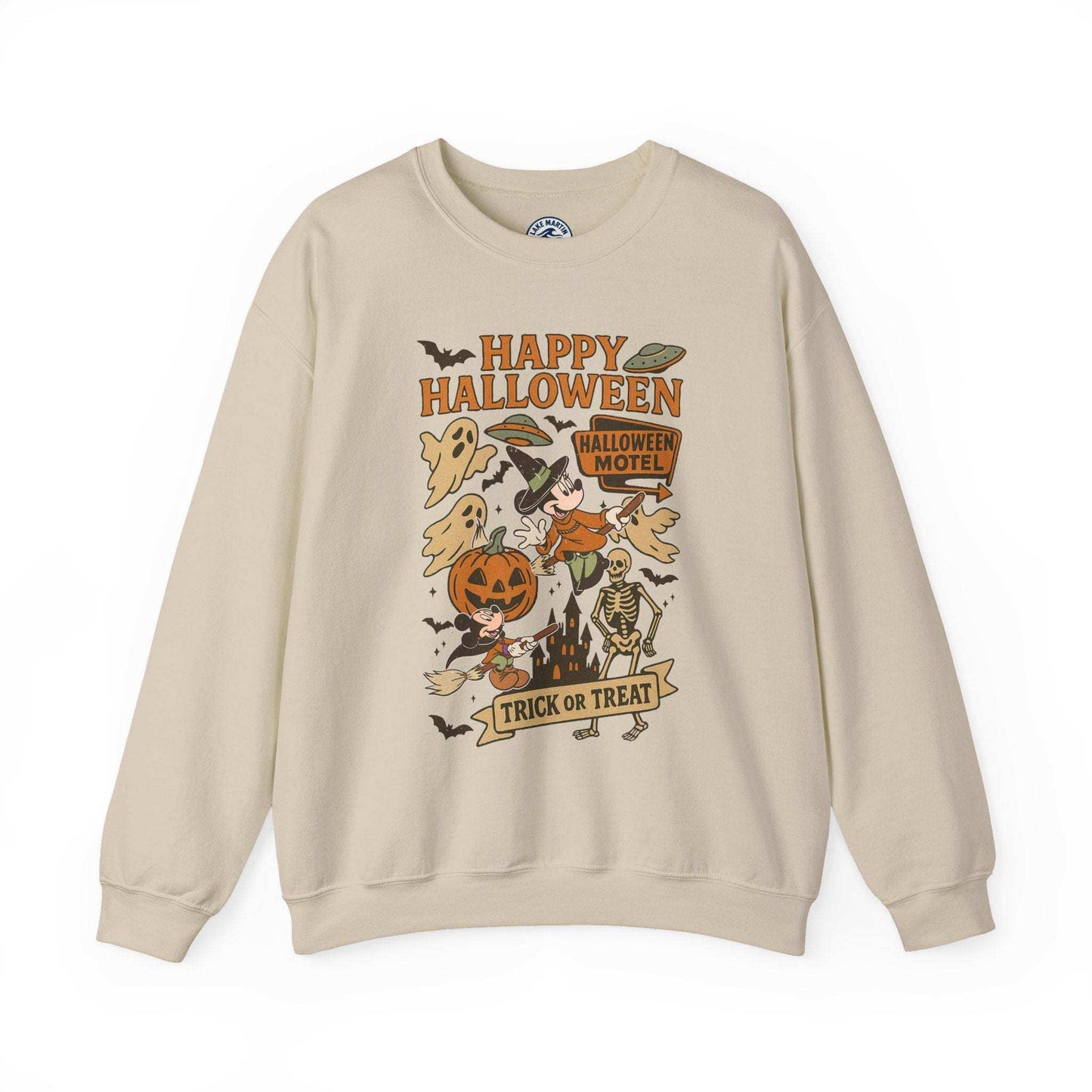 Halloween crewneck sweatshirt with vintage happy Halloween trick or treat design