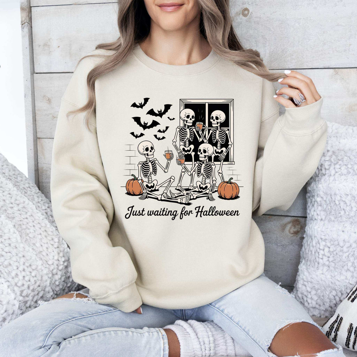 Vintage Halloween skeleton ghost graphic sweatshirt with pumpkin