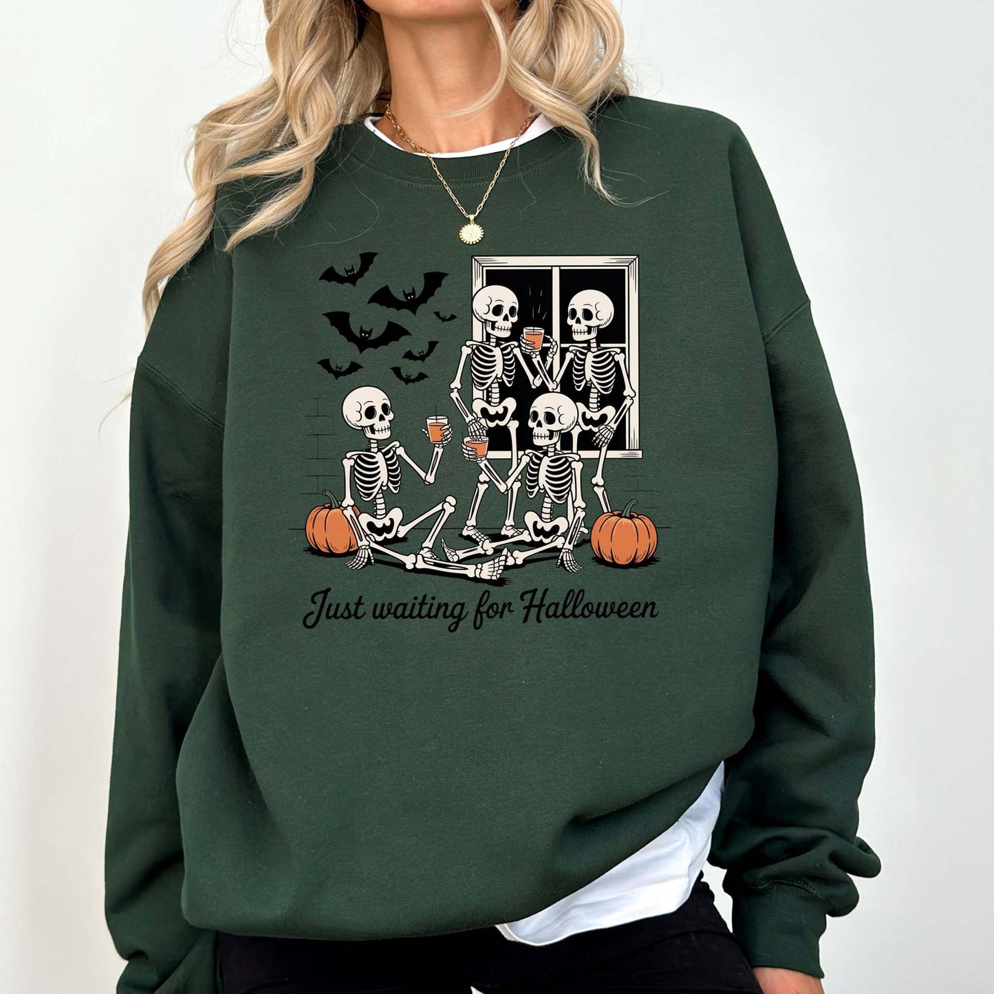 Vintage Halloween skeleton ghost sweatshirt with pumpkin graphic